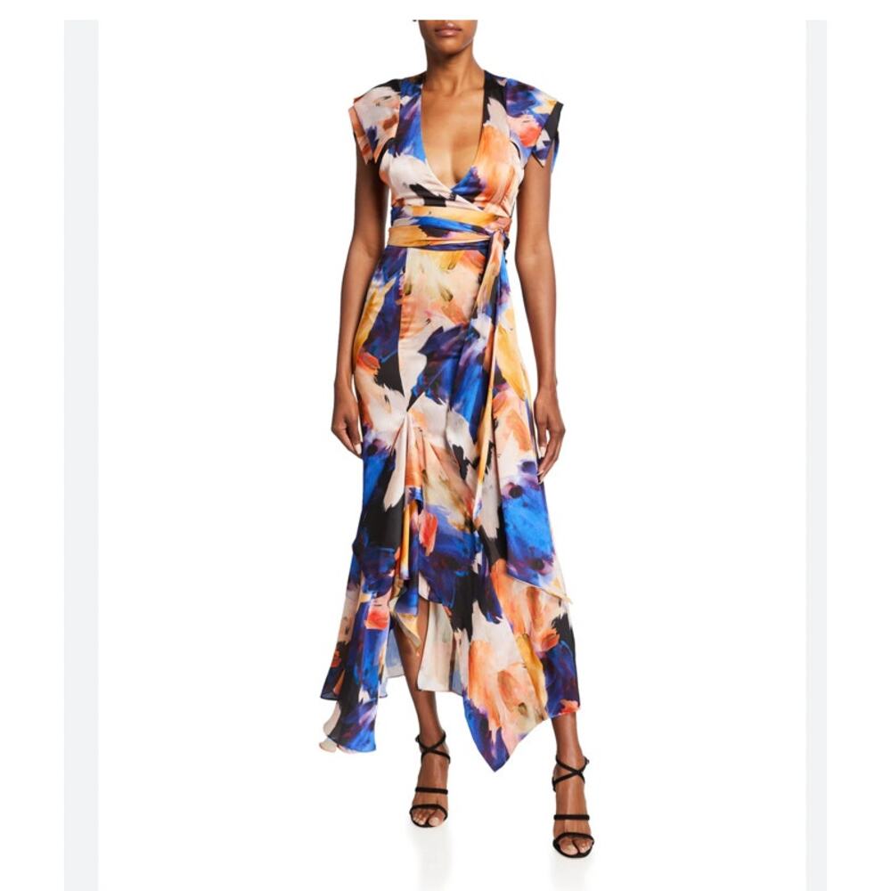 Galvan London Euphoria Asymmetric Ruffle Satin Wrap Maxi Dress Size 10 NWT